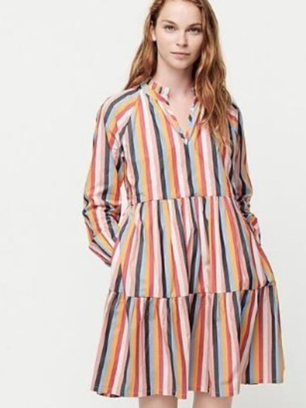 J. Crew Popover Dress in Striped Cotton Poplin Multicolor Rainbow Size Medium